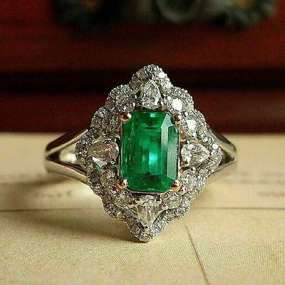 £113.99 • Buy 14K White Gold Finish 3 Ct Emerald Cut Green Halo Engagement Ring Lab Created