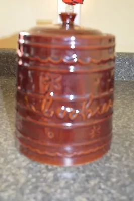 Vtg MARCREST Jumbo Cookie Jar Daisy Dot Brown Stoneware Canister 9.25  Lid • $35