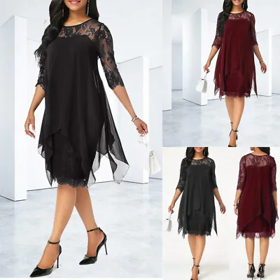 $16.79 • Buy Dresses Ladies Plus Size Evening Party Lace 3/4 Sleeve Dress Womens Holiday