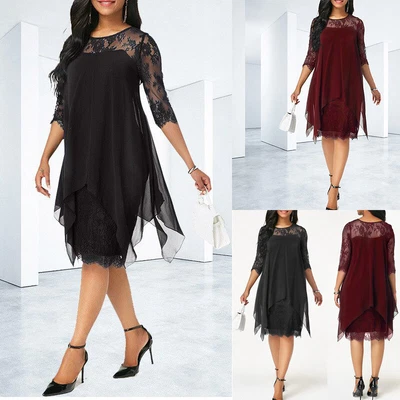 $16.79 • Buy Dresses Ladies Plus Size Evening Party Lace 3/4 Sleeve Dress Womens Holiday