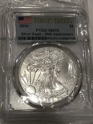 2016 Silver Eagle $1 First Strike 30th Anniversary PCGS MS 70 Coin Flag Label • $37