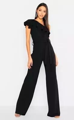 Boohoo Ruffle One Shoulder Jumpsuit UK 10-12 Womens Tie Waist Evening TALL Party • £15.99