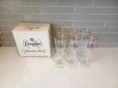 6 X VTG Crown Lager Beer Glasses Gold Rim - VGC Rastal Flute Glass • $59.99