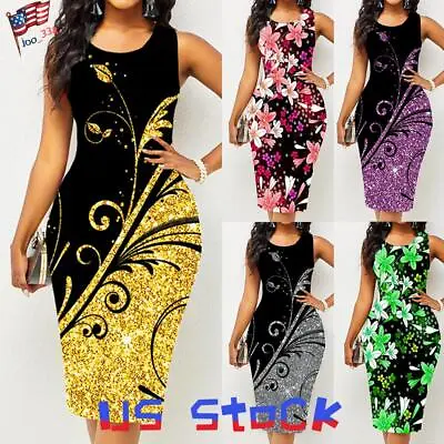 $9.99 • Buy Women's Print Round Neck Slim Fit Dress Sleeveless Party Work Tank Midi Dresses