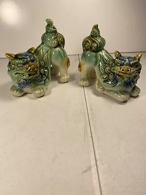 Vtg. Pair Asian/chinese Porcelain Foo Dogs / Lions green & Blue Temple Guards  • $59.50