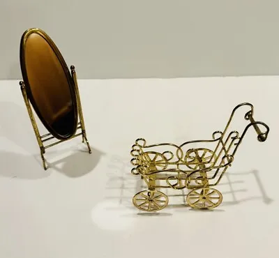 Vtg  Standing Oval Brass Cheval Mirror Swivel Dollhouse Miniature Baby Carriage • $12.99
