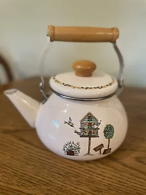 Vintage Enamel Tea Pot Kettle White Bird Houses ~ Wood Handle & Knob  • $11.99