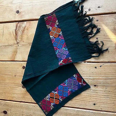 Maya Mexican Chiapas Green Rectangle Embroidered Table Runner Long Scarf 11x54In • $15