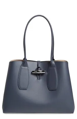 LONGCHAMP Roseau Essential Pilot Blue Leather Large Shoulder Tote Toggle NWOT • $385