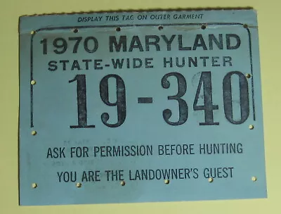 1970 Maryland Resident State Wide Deer Hunting License Back Tag...Free Ship! • $7.95