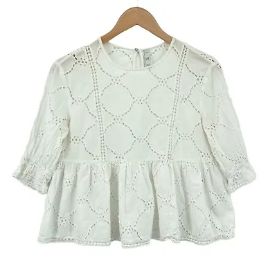 Zara Peplum Top Women Medium White Eyelet 3/4 Sleeve Round Neck Pleated Pullover • $16.79