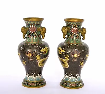 Pair Of Vintage Chinese Cloisonne Enamel Dragon Vase Elephant Ear • $250