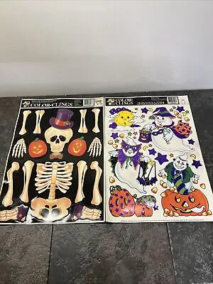 Lot Of 2 Vintage Halloween Window Color Clings Skeletons Ghost Pumpkin Hologram • £22.16