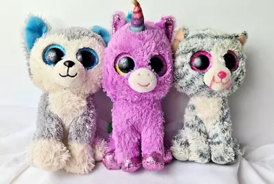 Lot Of 3 TY Beanie Boo's Plush Soft Toys Blue Husky Cat Unicorn Glitter Eyes • $19.95