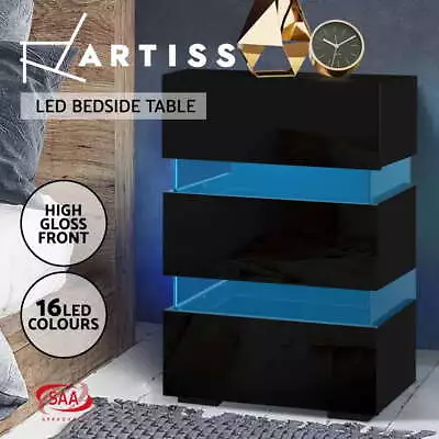 Artiss Bedside Tables 3 Drawers Side Table RGB LED Gloss Nightstand Black LUMI • $97.95