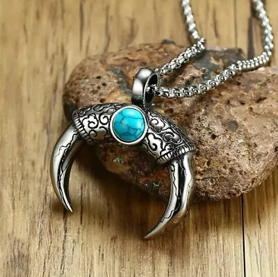 Viking Charms Punk Mens Bull Horn Longhorn Pendant Necklace With Turquoise • £7.89