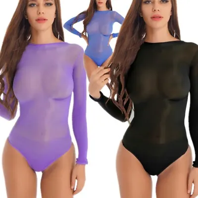 Women’s Glossy Mesh See Through Bodysuit Round Neck Long Sleeve Stretchy Leotard • $12.87