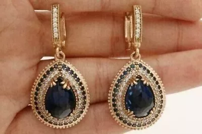 6Ct Pear Cut Lab Created Halo Sapphire Dangle Earrings 14K Yellow Gold Plated • $87.49