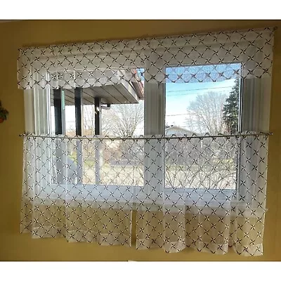 Vintage Starburst Cafe Curtains Sheer Valance And Panels White And Brown • $70