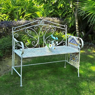 Metal Garden Bench Patio Furniture Outdoor Seat Iron Antique White Foldable • £139.99
