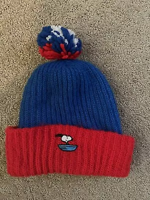 Vintage 70s 80s Peanuts Snoopy On Sled Saucer Knit Pom Ski Cap Hat USA S/M • $9.99