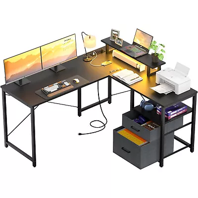 L Shaped Home Office Desk With Drawers Gaming Desk With LED Lights ＆ Power Strip • $159.99