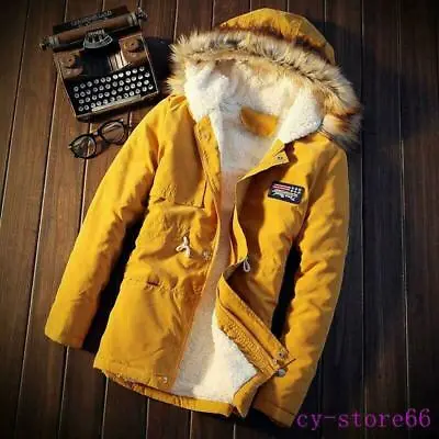 Men's Cotton Jacket Hooded Coat Faux Fur Collar Fleece Lining Warm Winter Casual • $45.49