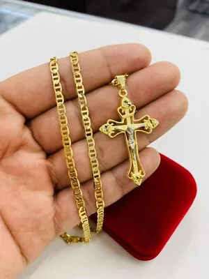 Men Women Gold Filled Mariner Jesus Cross Pendant Necklace Chain 45x28 Dije Cruz • $44.99