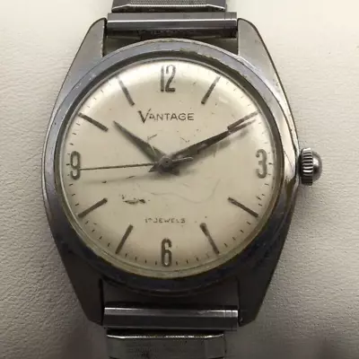 Vintage Vantage Watch Men 33mm Silver Tone 17 Jewels Stretch Band Manual Wind • $49.99