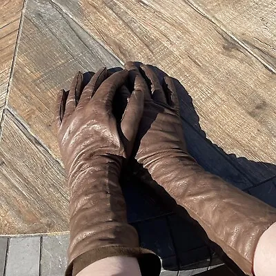 Vintage Brown Leather Women's Driving Riding Gloves Size 7 1/2 • $49.99