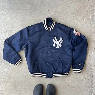 VTG 80s STARTER MLB New York Yankees Nylon Satin Bomber Jacket Navy Blue XL • $100