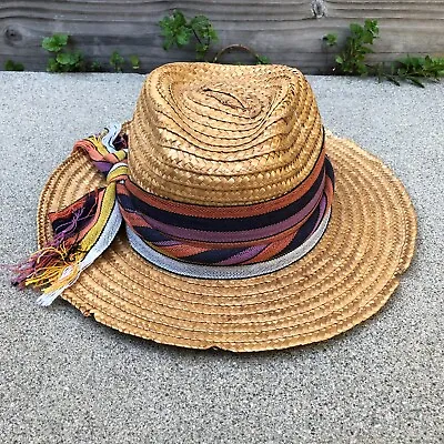 VTG MR. FIELD Straw Hat Unisex Adult Woven Scarf Wrapped Wide Brim Cap Fedora • $27.89