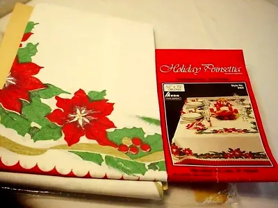 Vtg Xmas Tablecloth Poinsettia Bows  52x70 Oblong New NOS Cotton/Poly Free Ship • $14.99