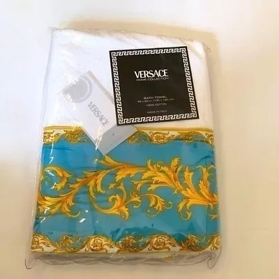 New Versace Bath Towel 39 X 63 Inch White Blue And Gold Baroque • $279