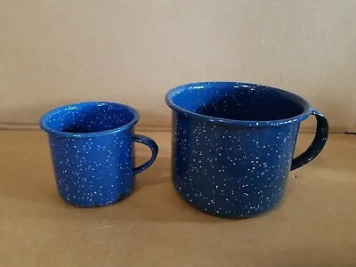 Vintage Blue/White SPATTER Enamel/Granite Ware Cups Mugs W/ Handles LOT OF 2 • $15.30