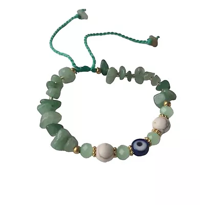 GREEN ADVENTURINE Gemstone Bead Evil Eye Adjustable Bracelet Anklet • $5.99