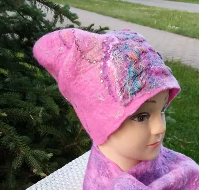 Womens Felted Hat Made Of Pink Colored Merino Wool.Warm Winter Hat.Fashion Wint • $125.07