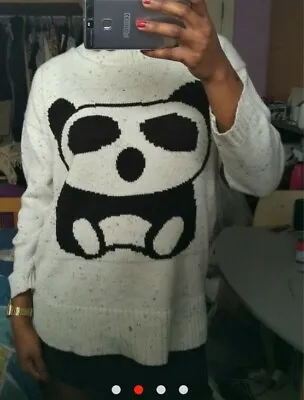 Womens Cream Oatmeal Knitwear Panda Sweater Jumper. UK M • £8.50