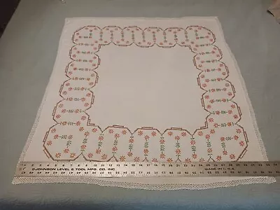 Vintage Hand Embroidered Table Topper 35 X 33 Square Flowers Crocheted Trim • $10