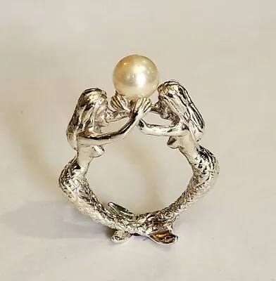 STERLING SILVER  TWO MERMAID AND 7.5mm  PEARL RING SIZE 8 • $200