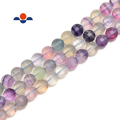 Multi Color Fluorite Hard Cut Faceted Coin Beads Size 10mm 15.5'' Per Strand • $15.29