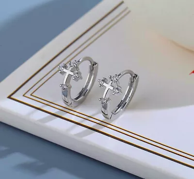 Jesus Cross Hoop 925 Sterling Silver Stud Earring Womens Girls Jewellery Gift UK • £3.29