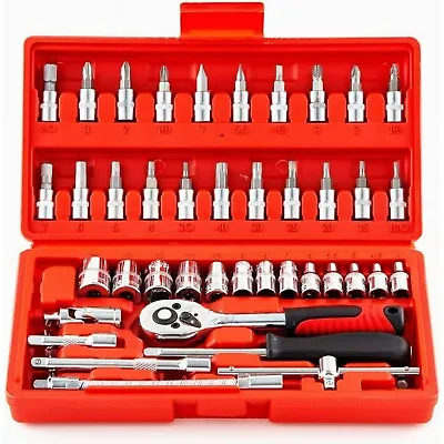 46PCS Socket Spanner Tool Kit Ratchet Wrench Set METRIC/SAE 1/4  Drive W/Case • $14.88