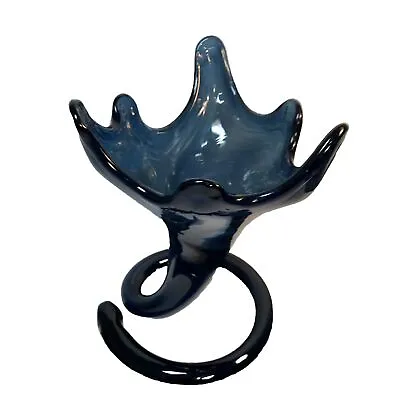 Vintage Murano Style Blown Glass Trumpet Vase Dark Smoky Blue Curled Base • $34.95