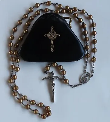 Sterling Silver Faux Pearl Rosary With INRI Cross And Lleather Purse Italy • $75