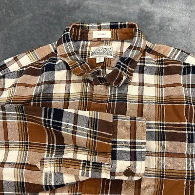 J Crew Flannel Shirt Mens Large Brown Plaid Button Up Long Sleeve Mid Weight • $24.88