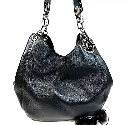 MICHAEL KORS *Fulton* BLACK Leather SILVER Chain Large Shoulder Tote Bag • $98