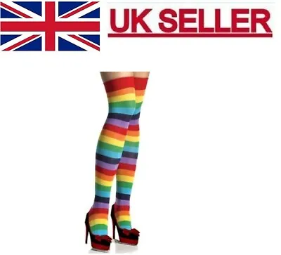 Rainbow Multi Coloured Stripe Socks Ladies Women Thigh High Fancy Dress. • £3.89