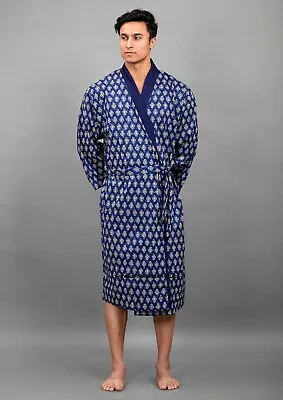 Mens Dressing Gown Robe Cotton Rich Blue Printed Kimono Gents Summer Lightweight • £32.39