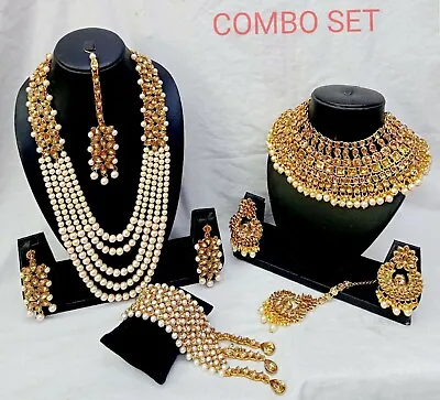 Indian Bridal Gold Pearl Chain Combo Necklace Gold Plated Bollywood Jewelry Set • $49.99